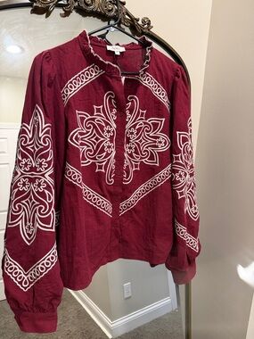 NWT Avara Burgundy Embroidered Button-Down Blouse medium